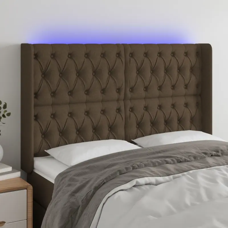 Zagłówek do łóżka z LED ciemnobrązowy 163x16x118/128 cm tkanina