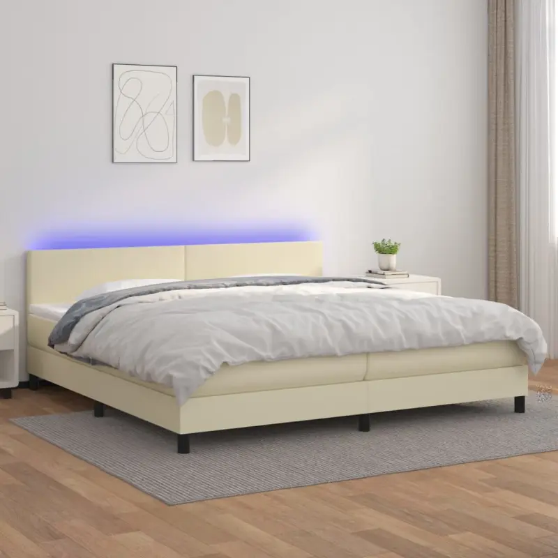 Łóżko kontynentalne z LED, materac, kremowe, ekoskóra 200x200cm