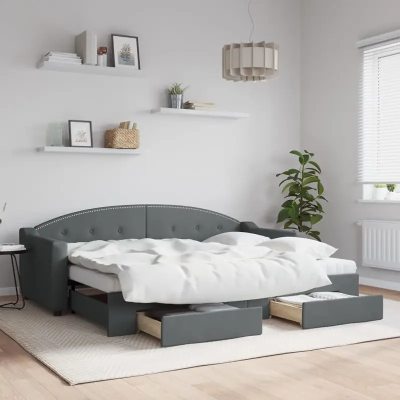 Sofa rozsuwana z szufladami, ciemnoszara, 80x200 cm, tkanina