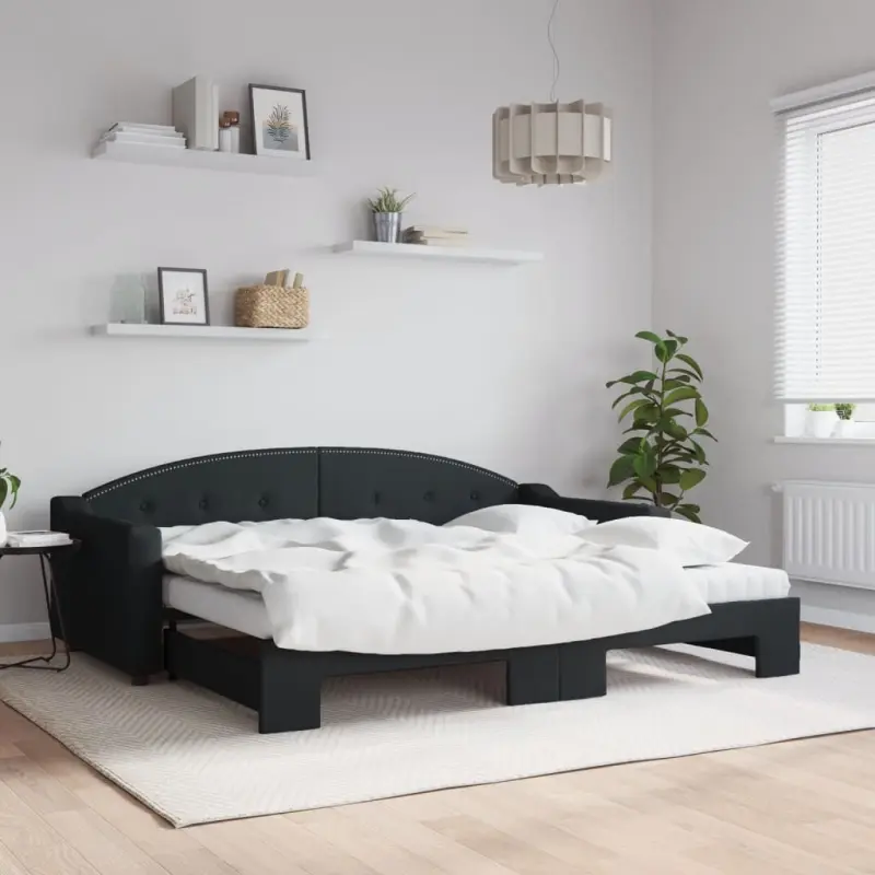 Sofa rozsuwana z materacami, czarna, 90x200 cm, tkanina
