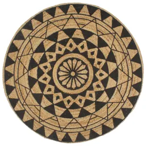 Ręcznie wykonany dywanik, juta, czarny nadruk, 150 cm
