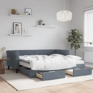 Sofa rozsuwana z szufladami, ciemnoszara, 90x190 cm, aksamit