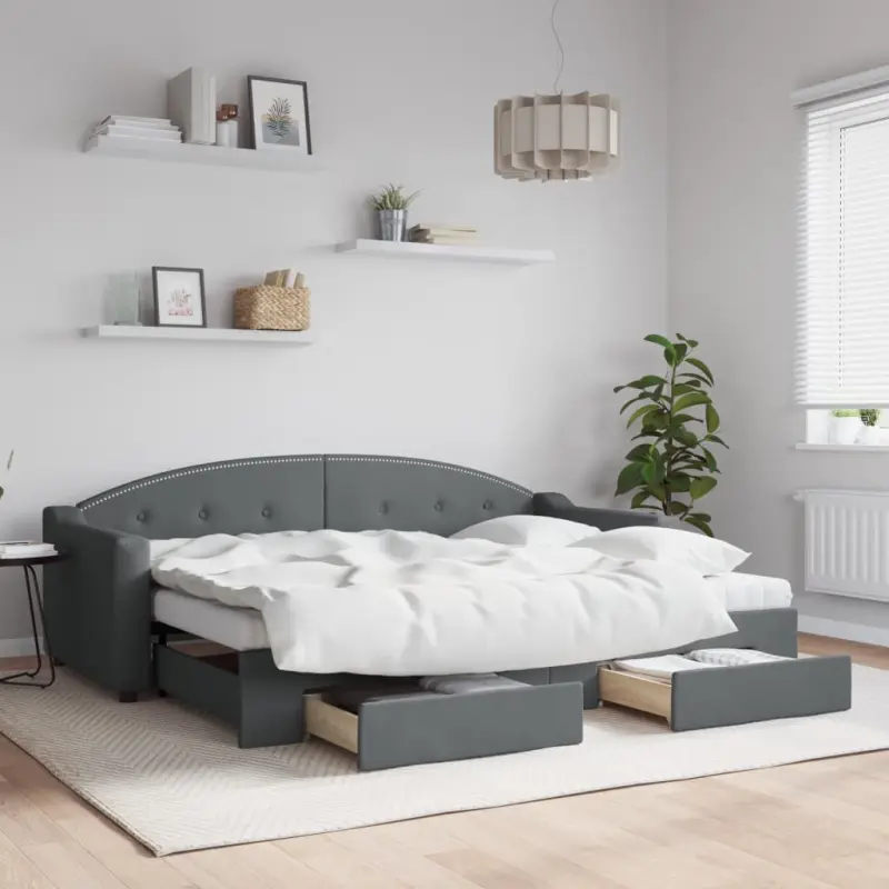 Sofa rozsuwana z szufladami, ciemnoszara, 80x200 cm, tkanina