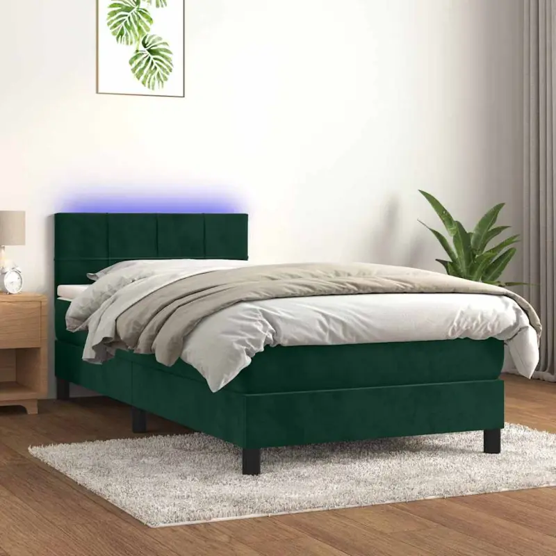 Łóżko kontynentalne z materacem i LED zielony aksamit 100x200cm