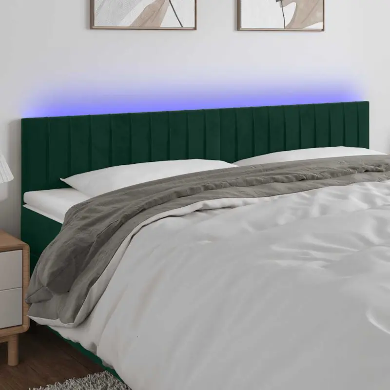 Zagłówek do łóżka z LED, ciemnozielony, 200x5x78/88 cm, aksamit