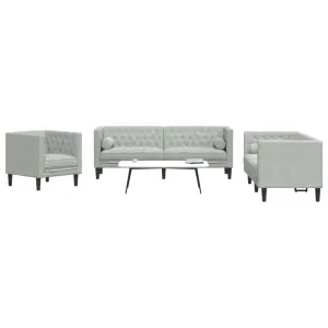 3-cz. wypoczynek Chesterfield z wałkami, jasnoszary, aksamit
