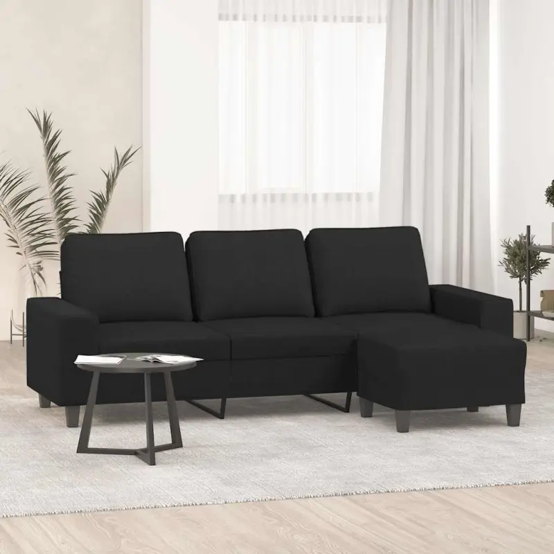 3-osobowa sofa z podnóżkiem, czarna, 180 cm, tkaniną
