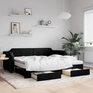 Sofa rozsuwana z szufladami, czarna, 90x200 cm, tkanina