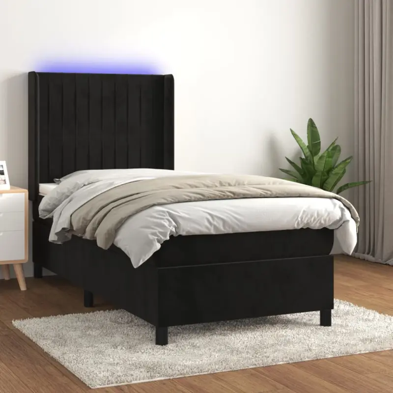 Łóżko kontynentalne z materacem i LED, czarny aksamit 90x200 cm