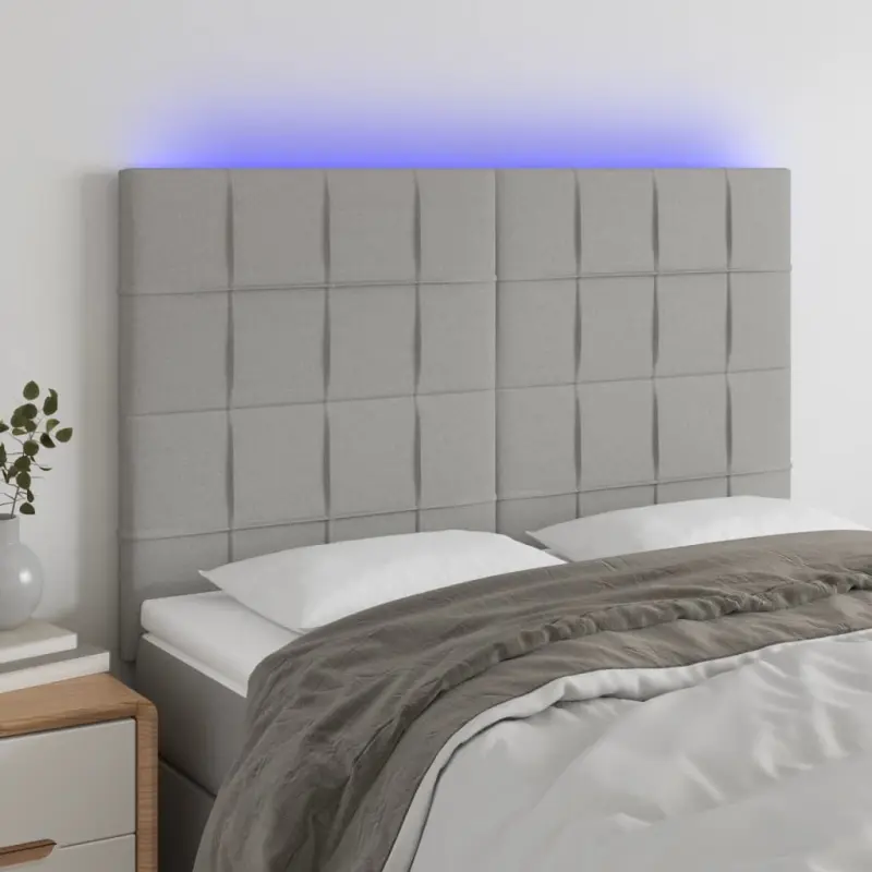 Zagłówek do łóżka z LED, jasnoszary, 144x5x118/128 cm, tkanina