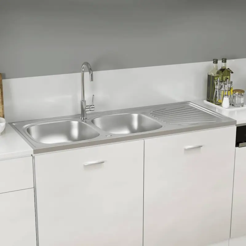 Zlew kuchenny dwukomorowy, srebrny, 1200x500x155 mm, stal
