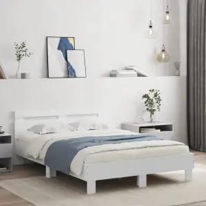 Rama łóżka z wezgłowiem i LED, biała, 135x190 cm