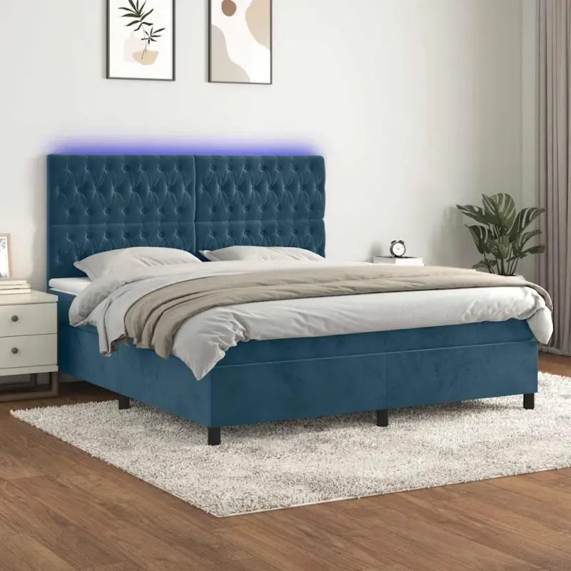 Łóżko kontynentalne, materac i LED, niebieski aksamit 160x200cm