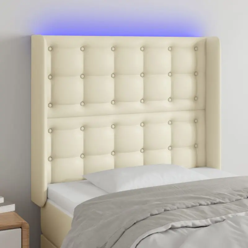 Zagłówek do łóżka z LED kremowy 103x16x118/128cm sztuczna skóra