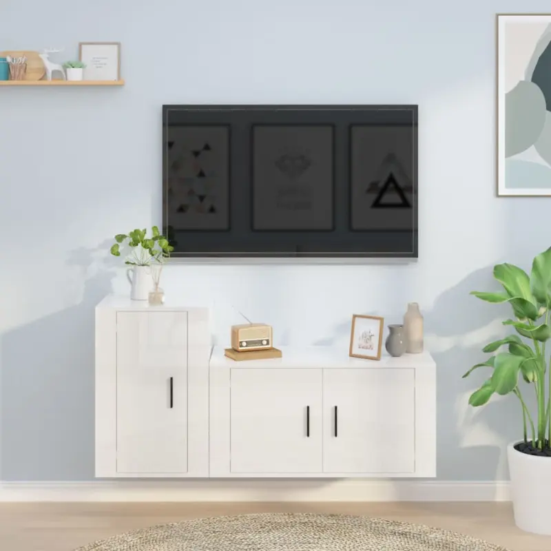 Zestaw 2 szafek TV, biały, połysk, materiał drewnopochodny