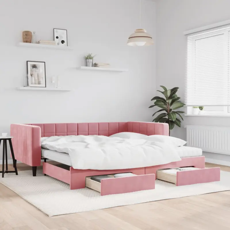 Sofa rozsuwana z szufladami, różowa, 100x200 cm, aksamit
