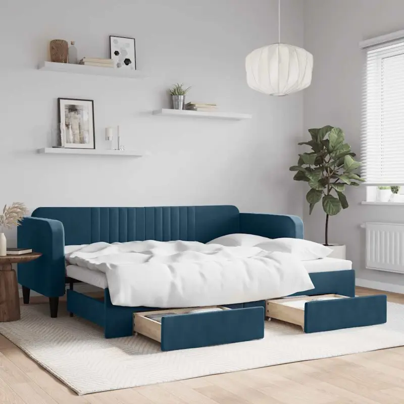 Sofa rozsuwana z szufladami, niebieska, 80x200 cm, aksamit