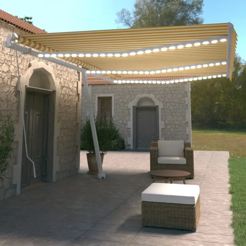 Ręcznie zwijana markiza z LED, 600x350 cm, żółto-biała