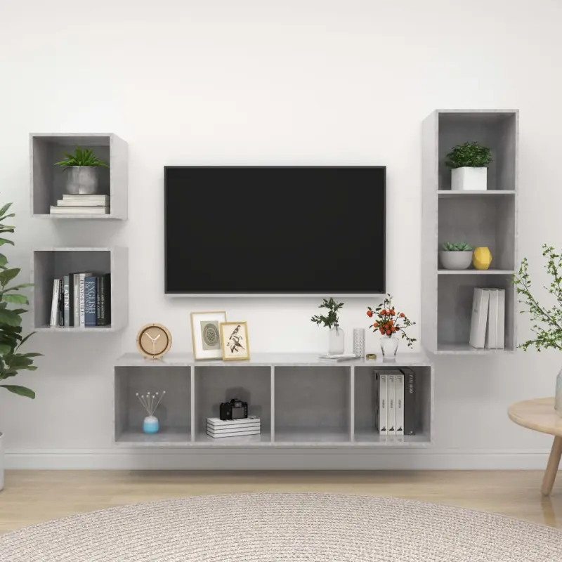 4-cz. zestaw szafek TV, szarość betonu, materiał drewnopochodny