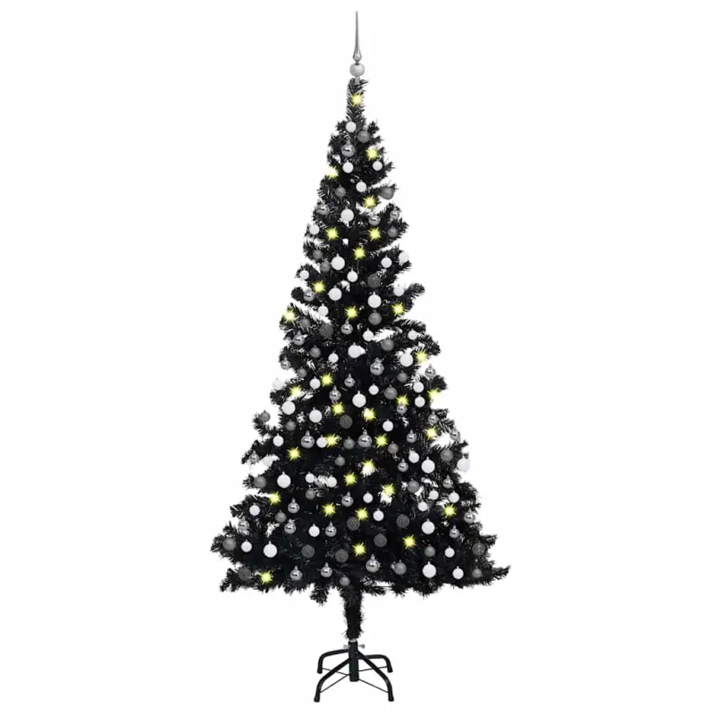 Sztuczna choinka z lampkami i bombkami, czarna, 210 cm, PVC