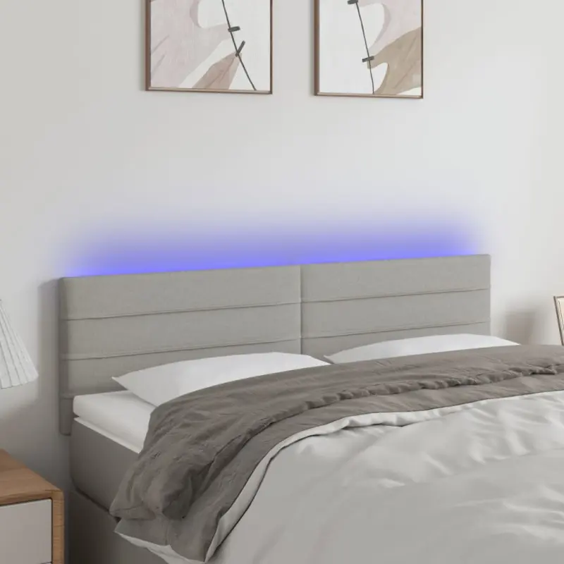 Zagłówek do łóżka z LED, jasnoszary, 144x5x78/88 cm, tkanina