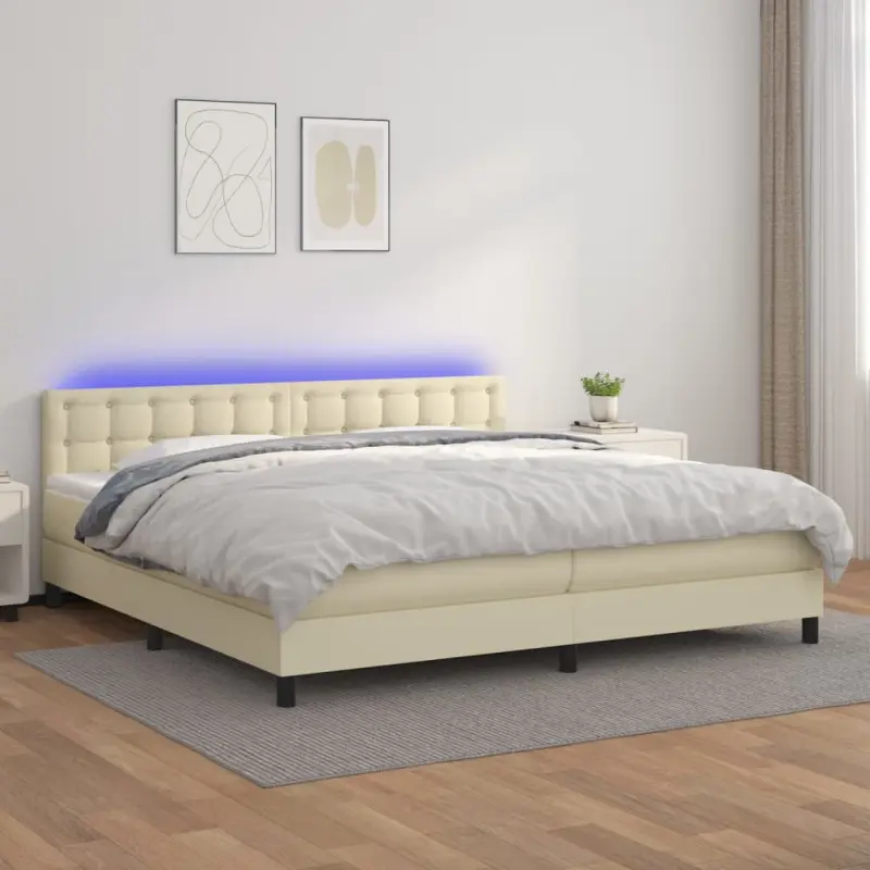 Łóżko kontynentalne z LED, materac, kremowe, ekoskóra 200x200cm