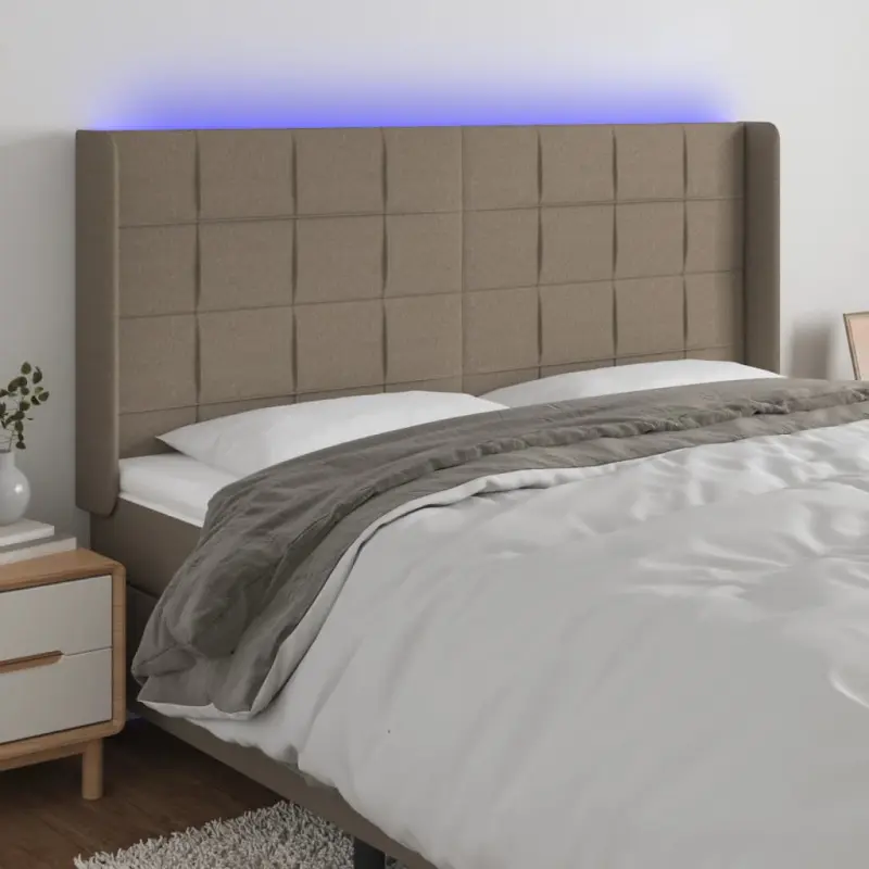 Zagłówek do łóżka z LED, taupe, 163x16x118/128 cm, tkanina