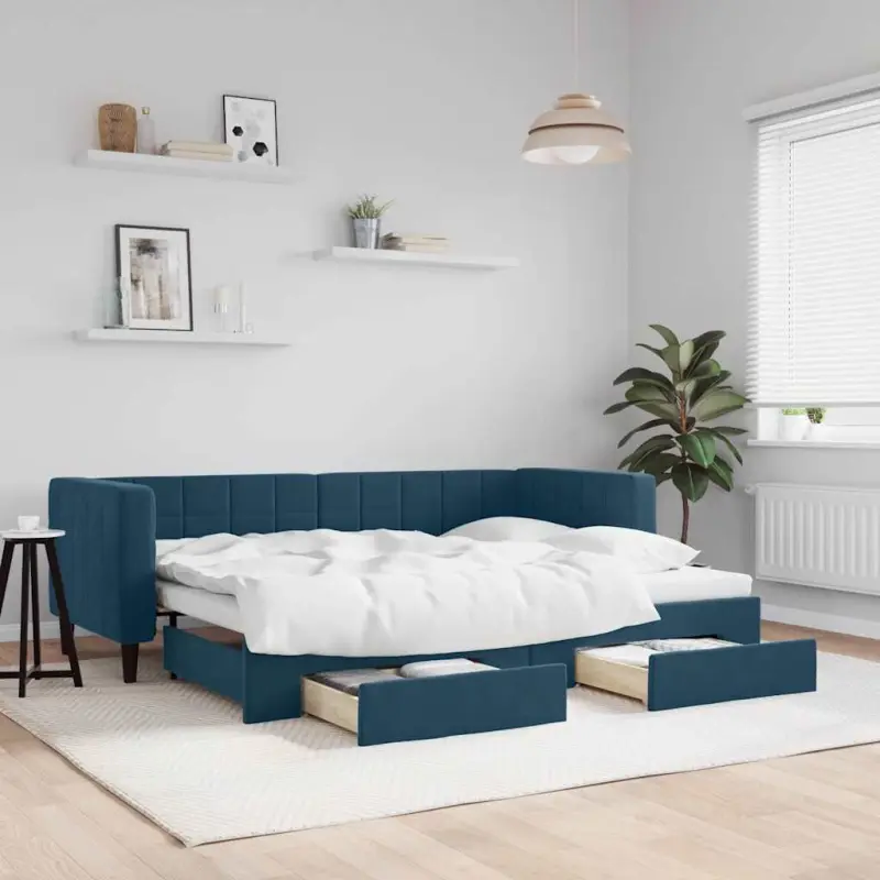 Sofa rozsuwana z szufladami, niebieska, 80x200 cm, aksamit