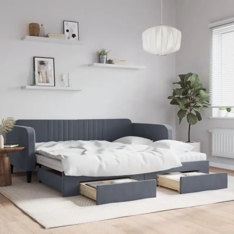 Sofa rozsuwana z szufladami, ciemnoszara, 100x200 cm, aksamit