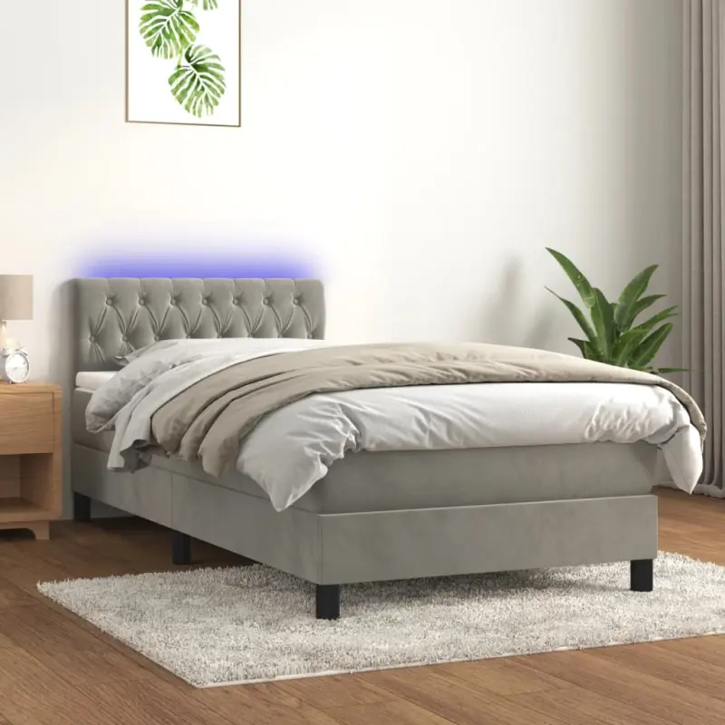 Łóżko kontynentalne z materacem i LED, szare 100x200cm, aksamit