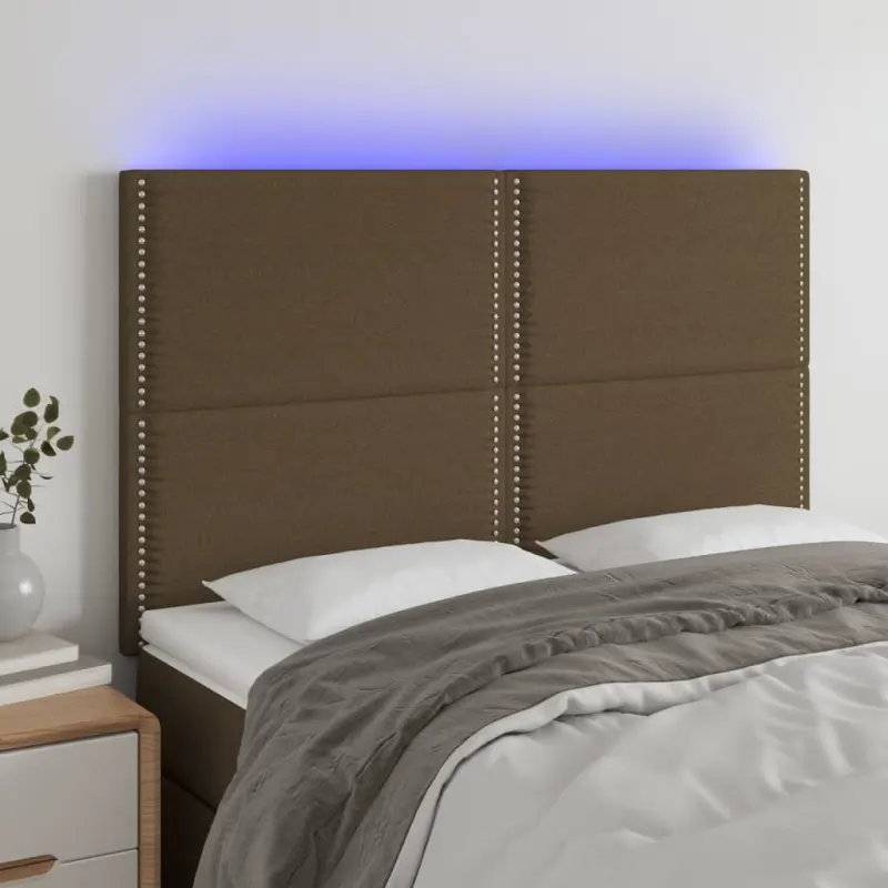 Zagłówek do łóżka z LED ciemnobrązowy 144x5x118/128 cm tkanina