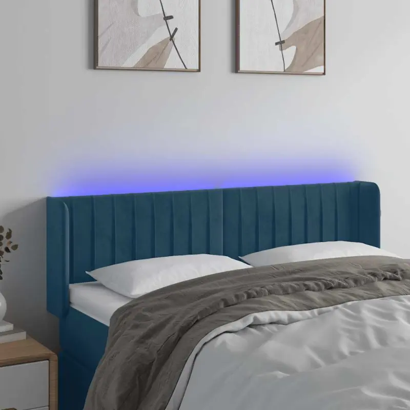 Zagłówek do łóżka z LED ciemnoniebieski 147x16x78/88 cm aksamit