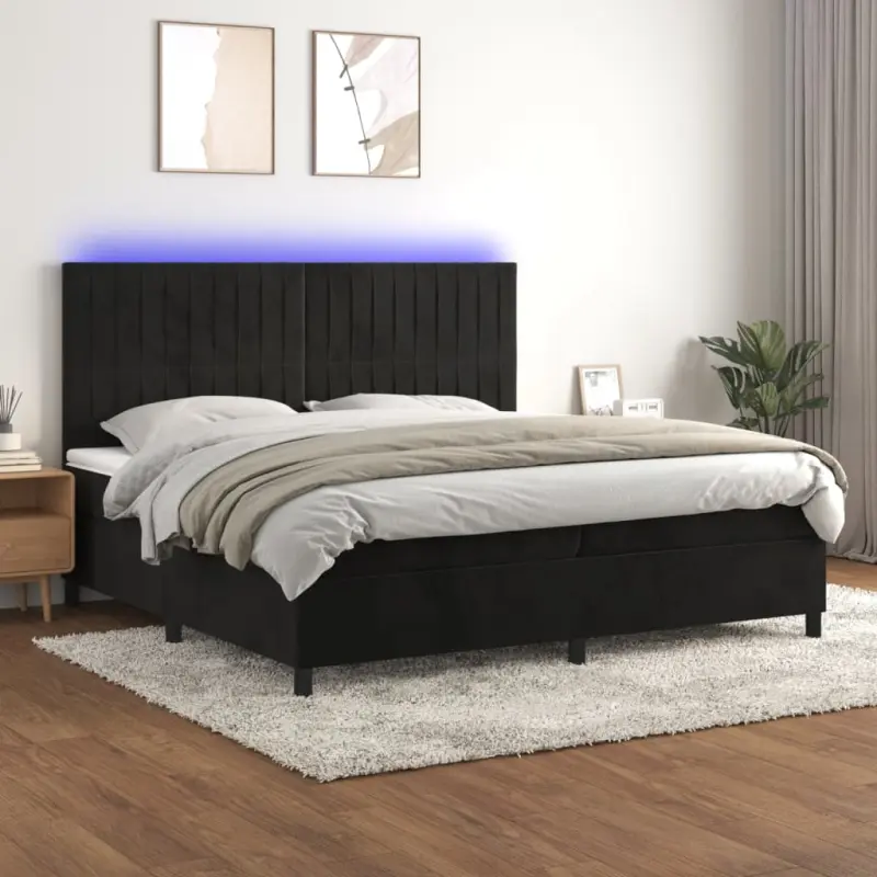 Łóżko kontynentalne z materacem i LED, czarny aksamit 200x200cm