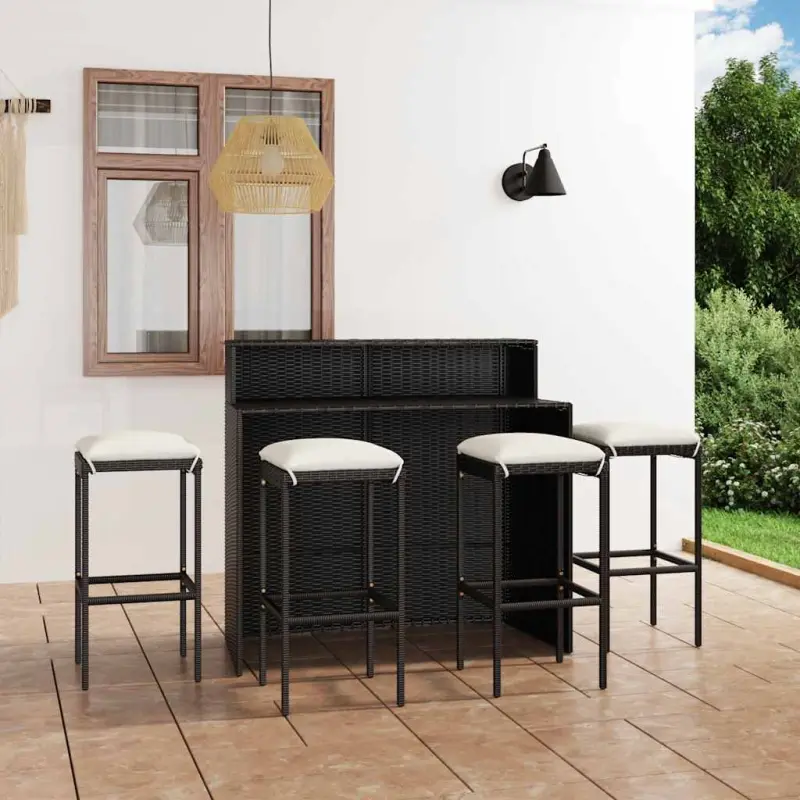 Meble ogrodowe barowe 5-cz zestaw z poduszkami czarny rattan PE stal