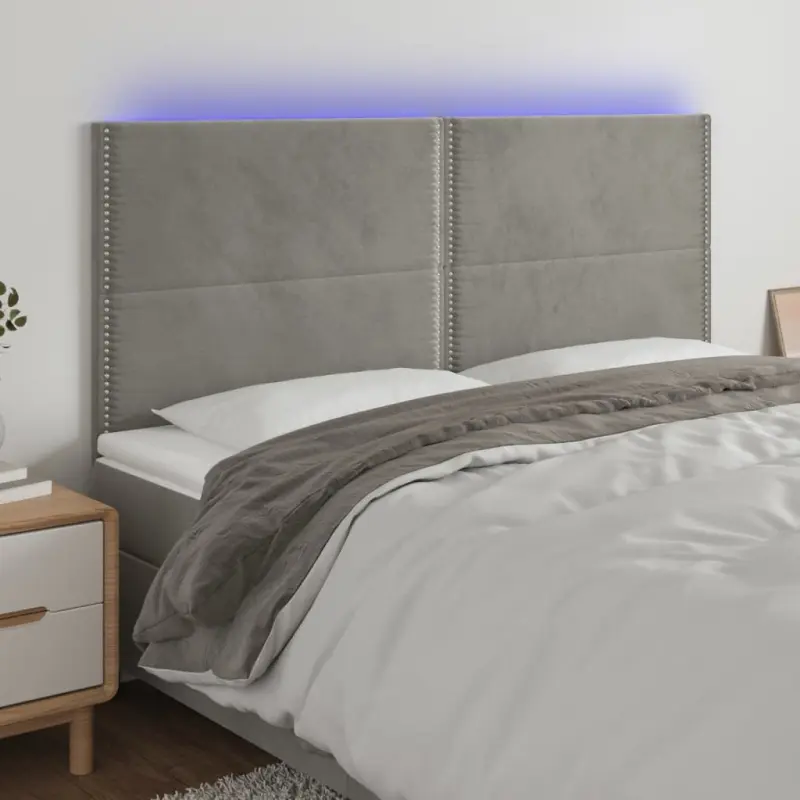 Zagłówek do łóżka z LED, jasnoszary, 200x5x118/128 cm, aksamit