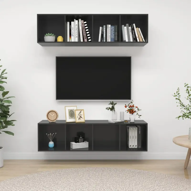 Wiszące szafki TV, 2 szt., wysoki połysk, szare