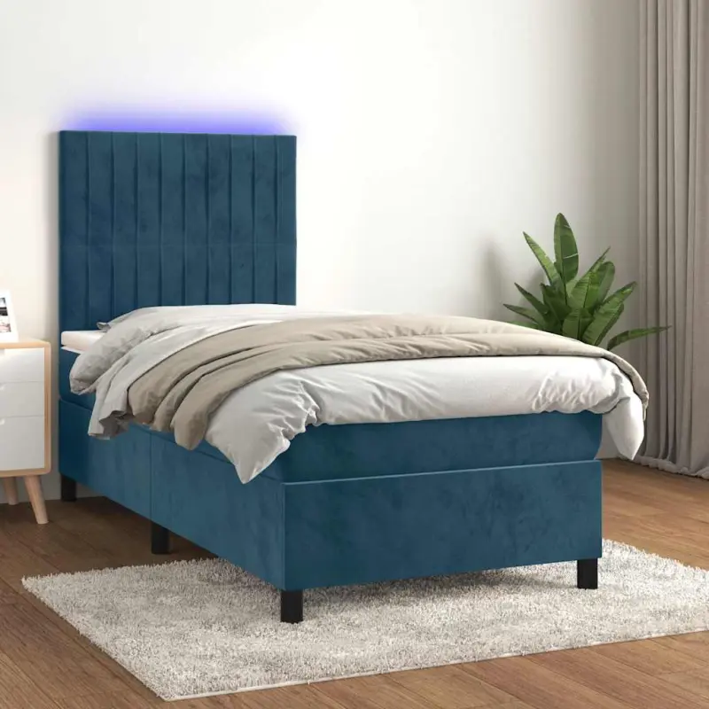 Łóżko kontynentalne, materac i LED, niebieski aksamit 100x200cm