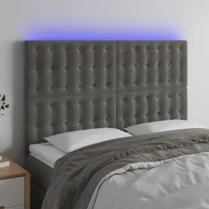 Zagłówek do łóżka z LED, ciemnoszary, 144x5x118/128 cm, aksamit