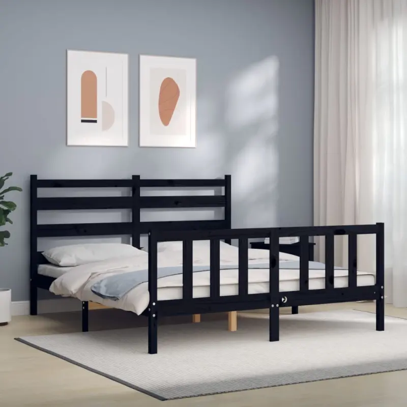 Rama łóżka z wezgłowiem, czarna, King Size, lite drewno