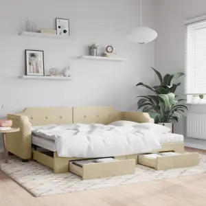 Sofa rozsuwana z szufladami, kremowa, 100x200 cm, tkanina