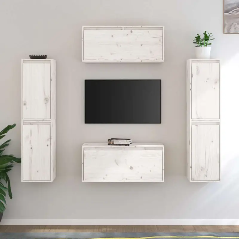 Szafki pod TV, 6 szt., białe, lite drewno sosnowe