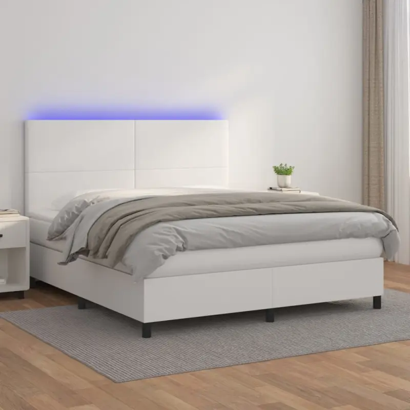Łóżko kontynentalne z materacem i LED, biała ekoskóra 160x200cm
