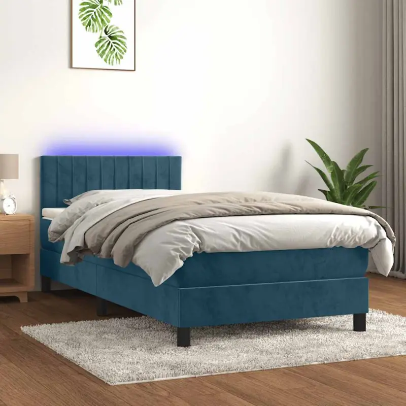 Łóżko kontynentalne, materac i LED, niebieski aksamit 90x190 cm