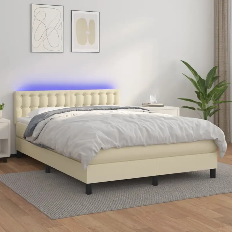 Łóżko kontynentalne z LED, materac, kremowe, ekoskóra 140x190cm