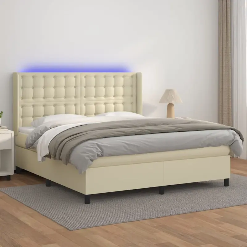 Łóżko kontynentalne z LED, materac, kremowe, ekoskóra 160x200cm