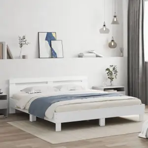 Rama łóżka z wezgłowiem i LED, biała, 160x200 cm