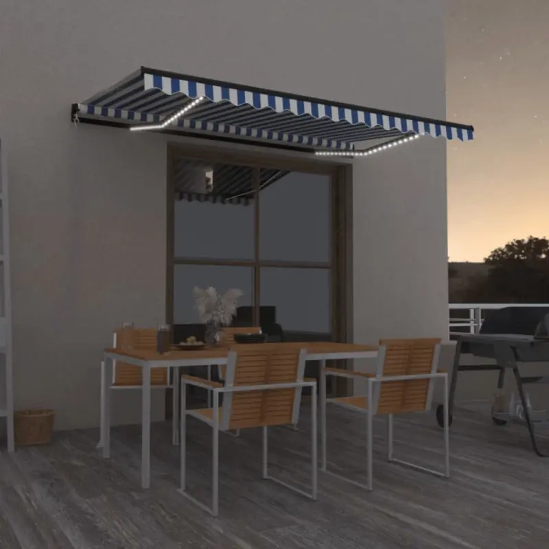 Ręcznie zwijana markiza z LED, 450x350 cm, niebiesko-biała