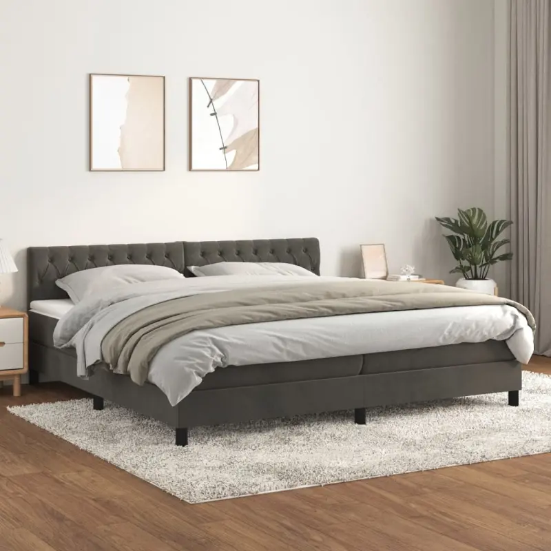 Łóżko kontynentalne z materacem, ciemnoszary aksamit, 200x200cm