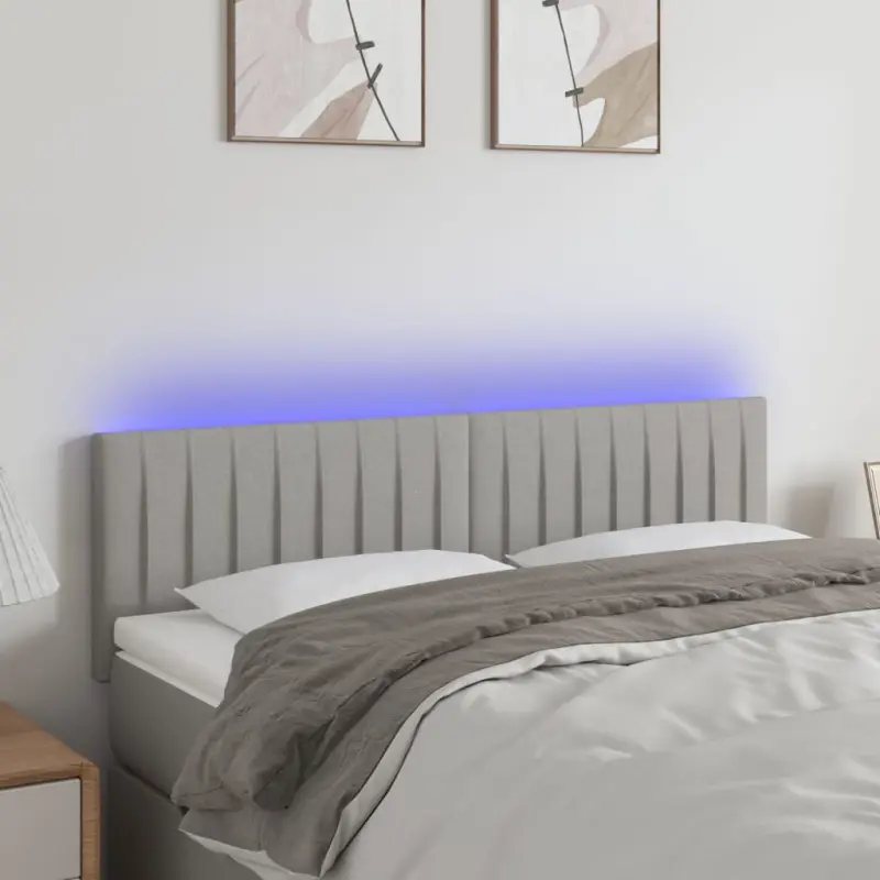 Zagłówek do łóżka z LED, jasnoszary, 144x5x78/88 cm, tkanina