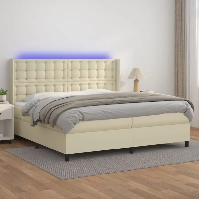 Łóżko kontynentalne z LED, materac, kremowe, ekoskóra 200x200cm